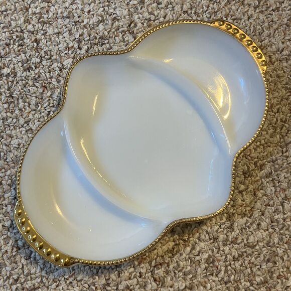 Set of 2 Vintage Fire King Milk Glass Divided Relish Candy Dish Gold Trim MCM - Picture 3 of 9
